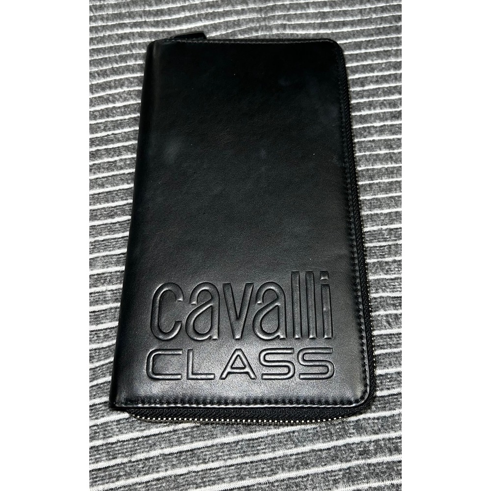 Cavalli Class Black Leather Zip‎ Around Travel Wallet Organizer Debossed Logo